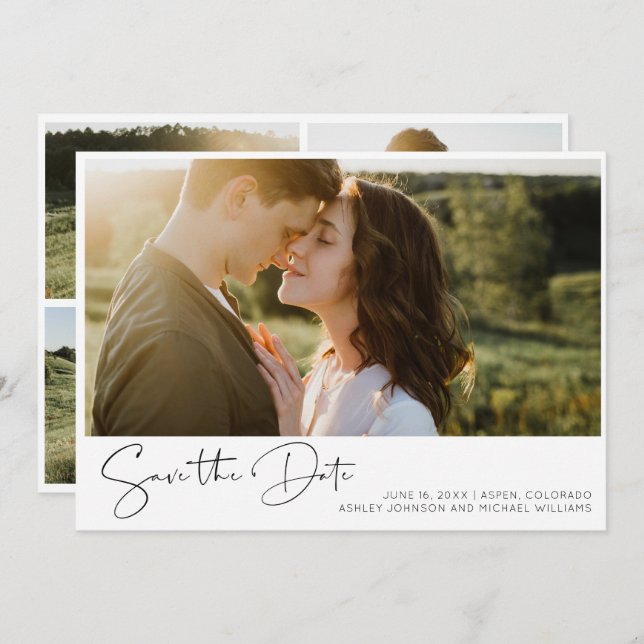 QR Code Minimalist 5 Photo Modern Engagement Save The Date (Front/Back)