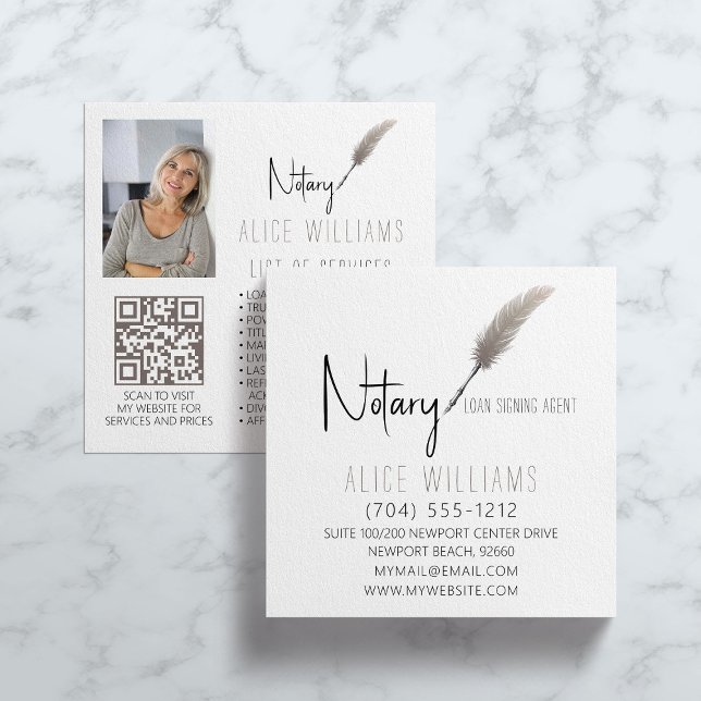 QR Code Minimalist Beige & White Notary Photo Square Business Card (Creator Uploaded)