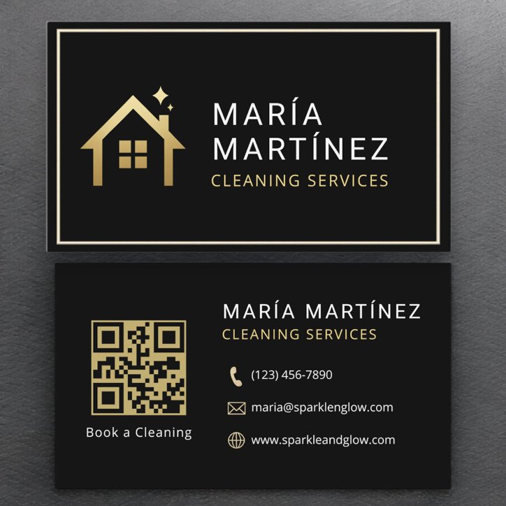 QR Code Minimalist Black Gold Cleaning Services Business Card
