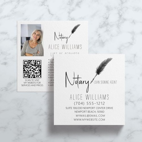 QR Code Minimalist Black  White Notary Photo Square Business Card