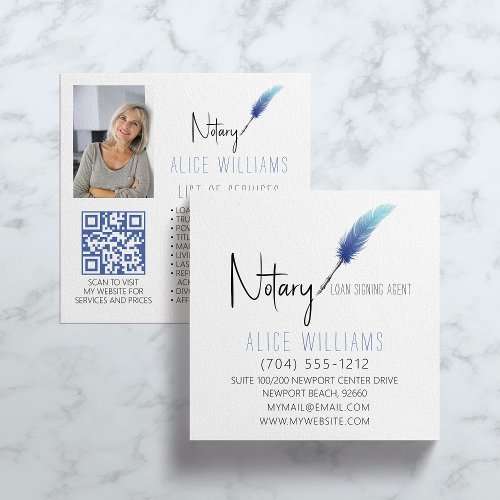 QR Code Minimalist Blue  White Notary Photo Square Business Card