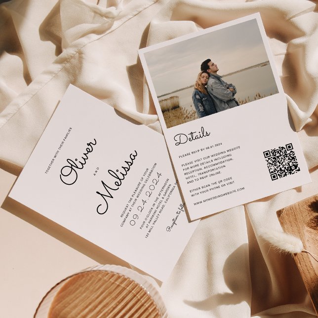 QR code Minimalist Chic Script All in one Wedding Invitation (Creator Uploaded)