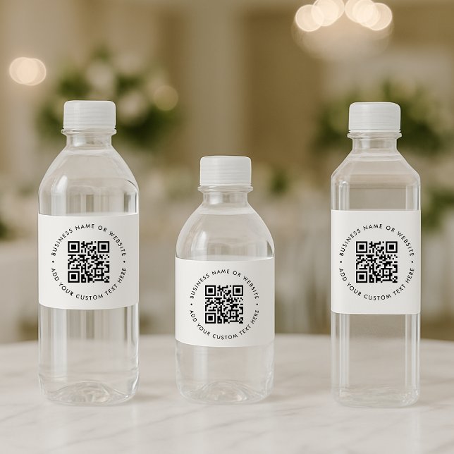 QR Code Minimalist Clean Simple White Business Water Bottle Label (Interactive editable QR code water bottle label wrap to promote your business, products or services.)
