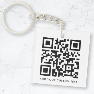 QR Code Minimalist Clean Simple White Custom Text Keychain