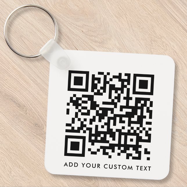 QR Code Minimalist Clean Simple White Custom Text Keychain (Versatile editable keychain template with interactive QR code & text for business or personal use.)