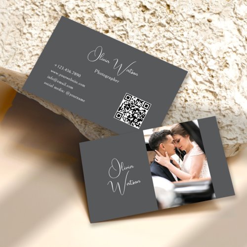QR Code Minimalist Gray Script Photographer Business Card