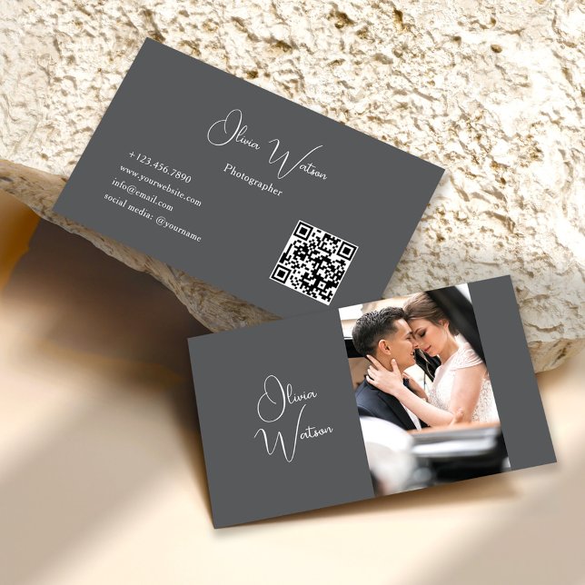 QR Code Minimalist Gray Script Photographer Business Card (Creator Uploaded)
