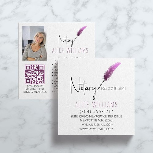 QR Code Minimalist Pink  White Notary Photo Square Business Card