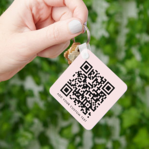 QR Code Minimalist Simple Blush Pink Custom Text   Keychain
