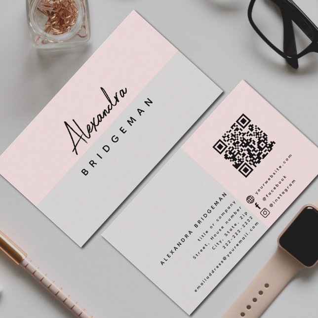 QR Code | Minimalist, social media Business Card (Feminine pink and grey minimalist, modern business card with social media icons and QR code)