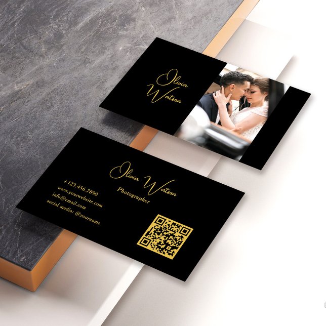 QR Code Minimalist Trendy Gold Script Photographer Business Card (Creator Uploaded)