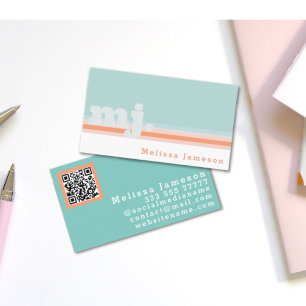 QR Code   mint and peach minimalist monogram Business Card