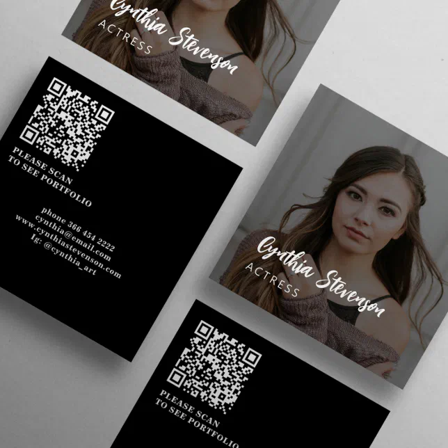 QR CODE modern actress professional photo Square Business Card | Zazzle