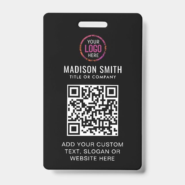 QR Code Modern Black Business Logo Event Badge (Front)
