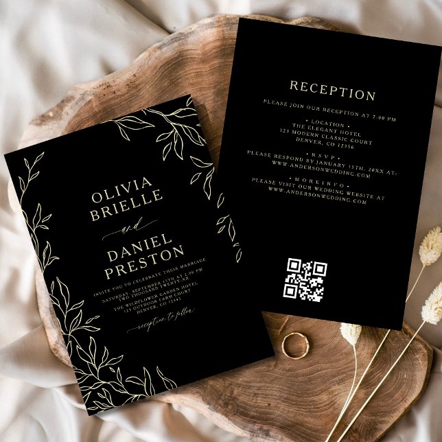 QR Code Modern Black & Gold Minimal Leaf Wedding Invitation (Creator Uploaded)