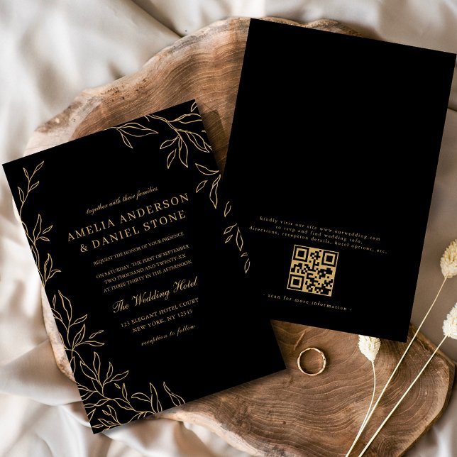 QR Code Modern Black Gold Minimal Leaf Wedding  Invitation (Creator Uploaded)