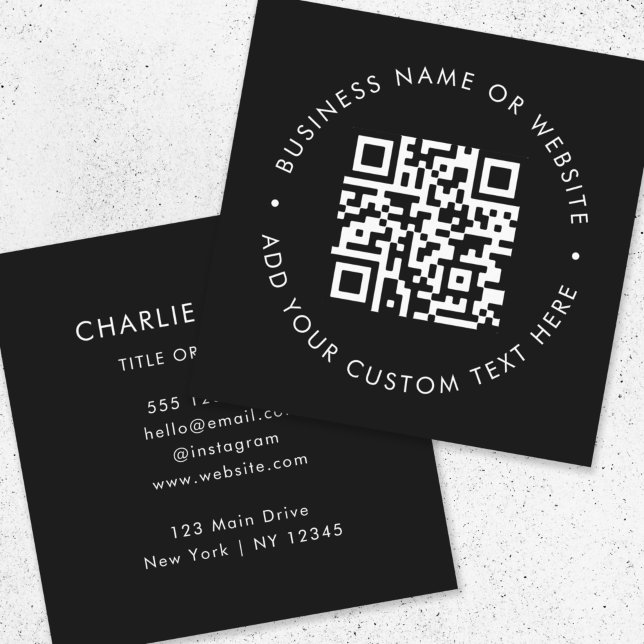 QR Code | Modern Black Professional Scan Me Square Business Card (Interactive editable QR code square business cards to promote your business, products or services.)