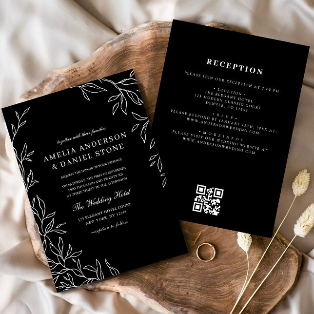 QR Code Modern Black & White Minimal Leaf Wedding  Invitation (Creator Uploaded)