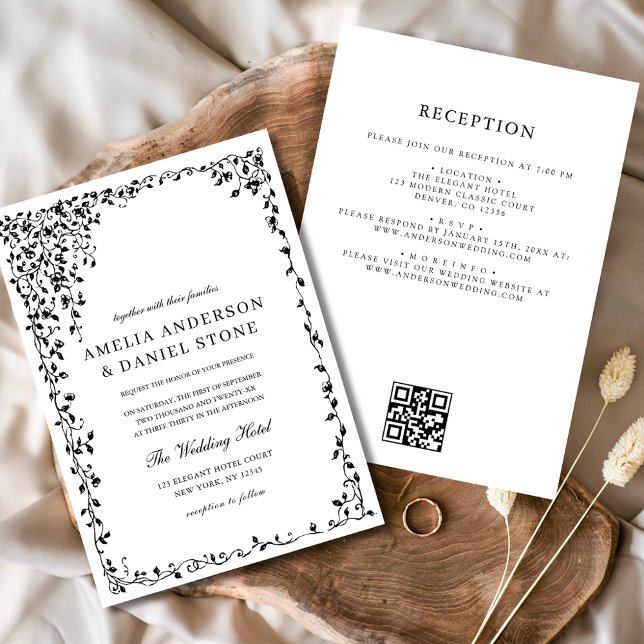 QR Code Modern Black & White Minimal Leaf Wedding  Invitation (Creator Uploaded)