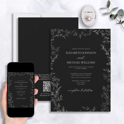 QR Code Modern Black  White Minimal Leaf Wedding Invitation