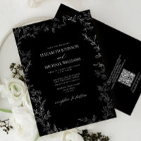 QR Code Modern Black & White Minimal Leaf Wedding