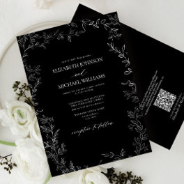 QR Code Modern Black & White Minimal Leaf Wedding Invitation