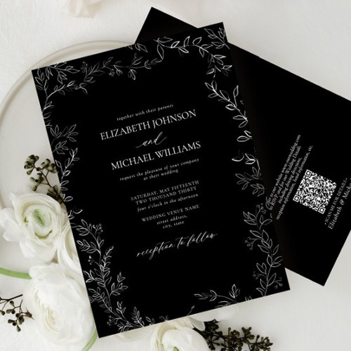 QR Code Modern Black &amp; White Minimal Leaf Wedding Invitation