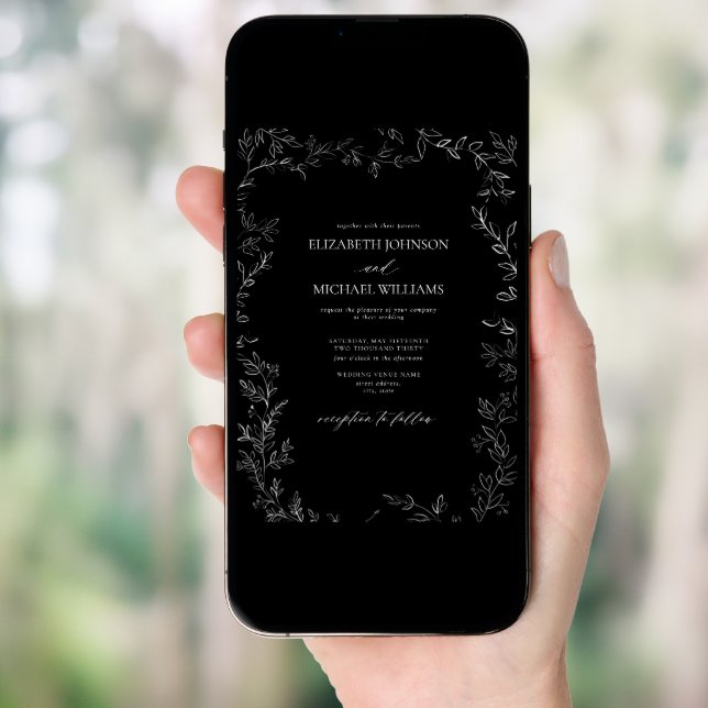 QR Code Modern Black & White Minimal Leaf Wedding Invitation (Front Digital)