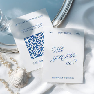 QR Code Modern Blue & White Wedding RSVP Card