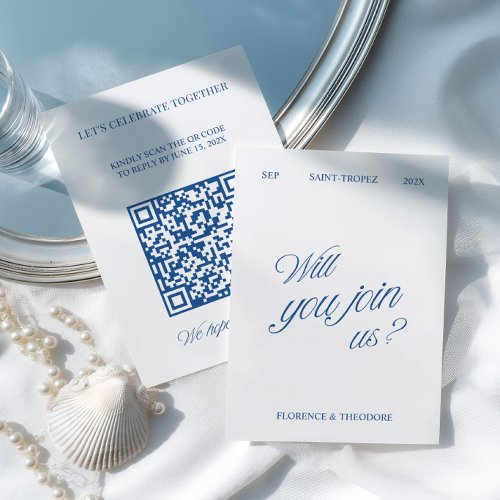QR Code Modern Blue & White Wedding RSVP Card
