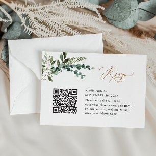 QR Code Modern Boho Greenery Gold Wedding RSVP Card