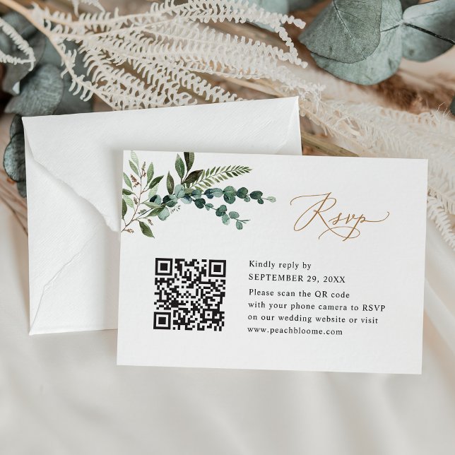 QR Code Modern Boho Greenery Gold Wedding RSVP Card (Creator Uploaded)
