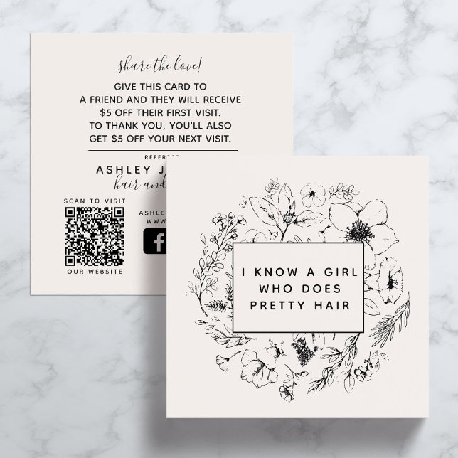 QR Code Modern Botanical Blush Black Referral Card (QR Code Social Media Referral Card)