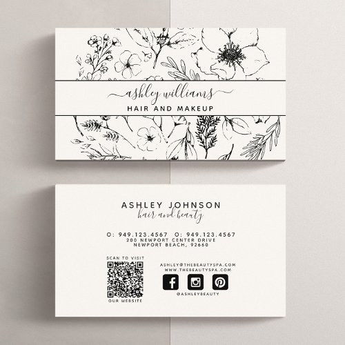 QR Code Modern Botanical Blush Black Social Media Business Card