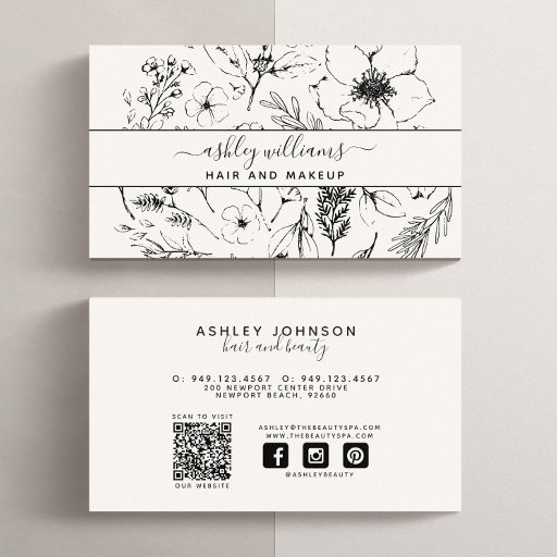 Customizable QR Code Modern Botanical Blush Black Social Media Business Card