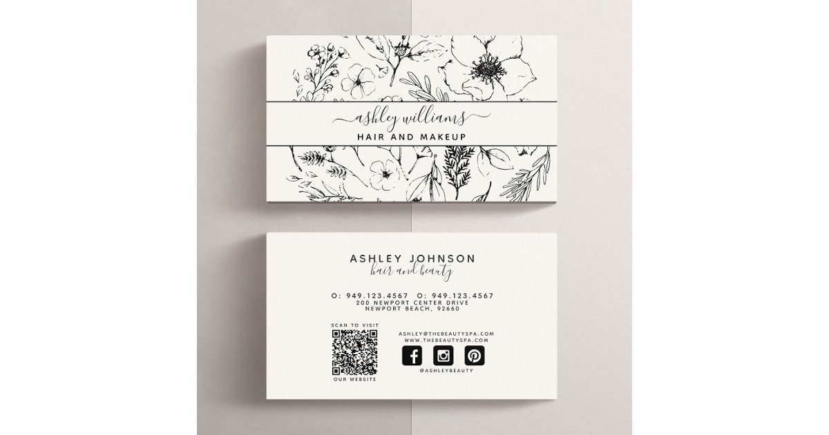 QR Code Modern Botanical Blush Black Social Media Business Card | Zazzle