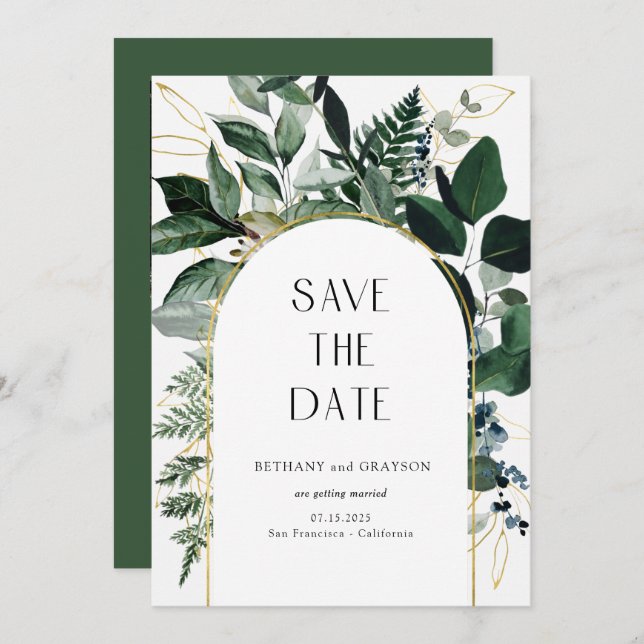 QR code, Modern Botanical Greenery garden wedding Save The Date (Front/Back)