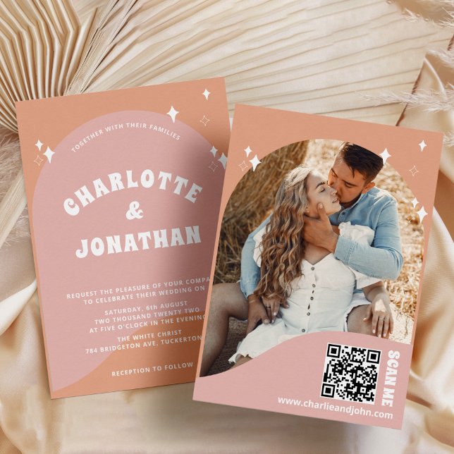 QR Code Modern Bright Retro Wedding Invitation (Creator Uploaded)