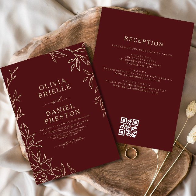 QR Code Modern Burgundy Gold Minimal Leaf Wedding Invitation (Creator Uploaded)