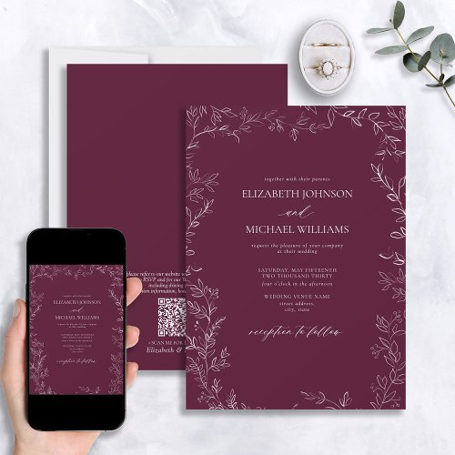 QR Code Modern Burgundy Minimal Leaf Wedding Invitation