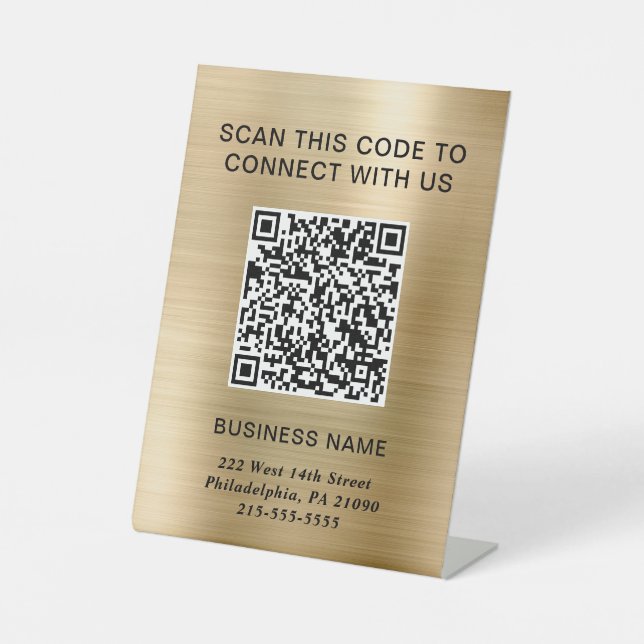 QR Code Modern Business Gold Pedestal Sign (Front)