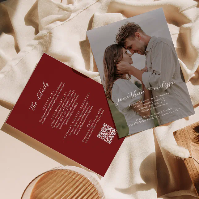 Red Photo Script QR code Modern Cranberry Red Photo Script Wedding Invitation | Zazzle