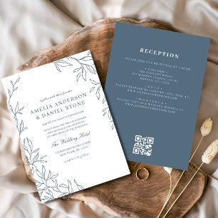 QR Code Modern Dusty Blue Minimal Leaf Wedding Invitation