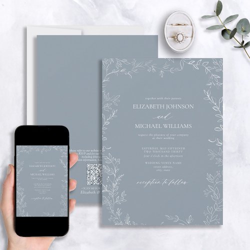 QR Code Modern Dusty Blue Minimal Leaf Wedding Invitation