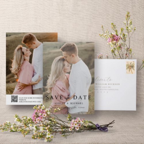 QR Code Modern Elegant Script 2 Photo Wedding Save The Date