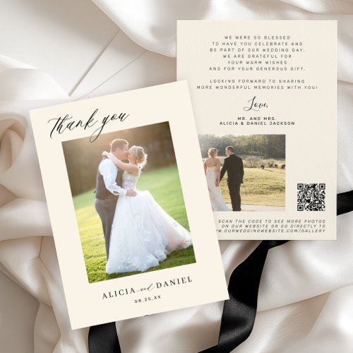 QR CODE modern elegant script photo ivory wedding Thank You Card