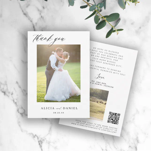 QR CODE modern elegant script photo wedding Thank You Card | Zazzle