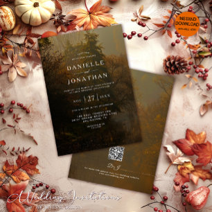 QR Code Modern Elegant Vintage Rustic Fall Wedding Invitation