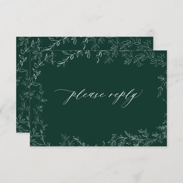 QR Code Modern Emerald Green Elegant Leaf Wedding RSVP Card (Front/Back)