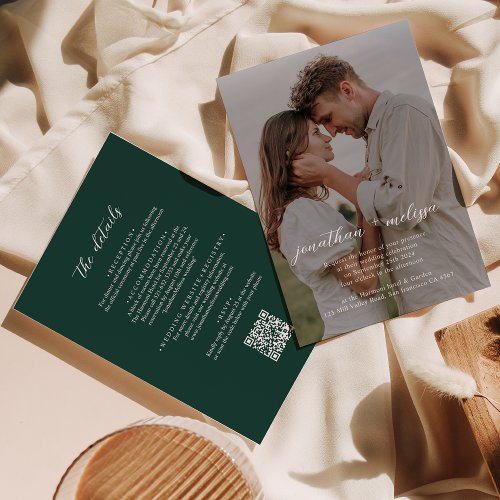 QR code Modern Emerald Green Overlay Wedding Invitation